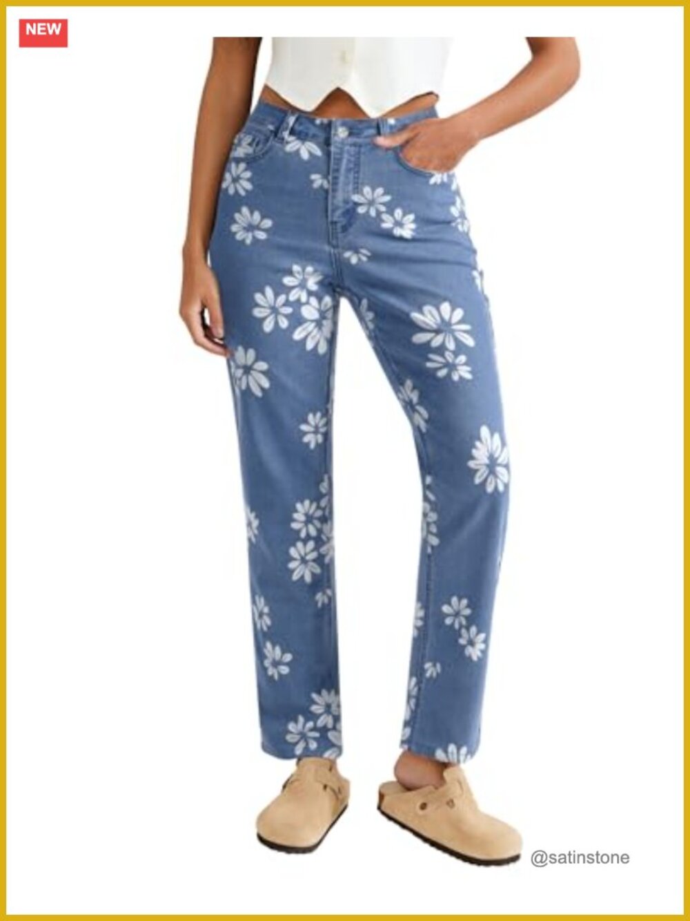 Straight Leg High Rise Floral Printed Stretchy Denim Jeans